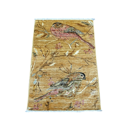 Golden Brown, Sparrows on the Tree, Peshawar, Finely Hand Knotted, Soft to the Touch, High Mountain Wool, Mat, Sample, Oriental 
