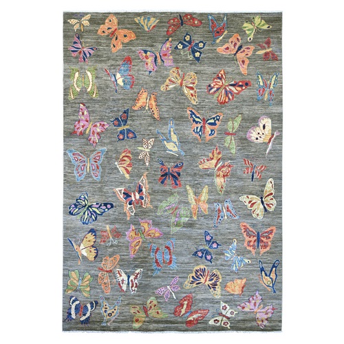 Fossil Gray, Afghan Peshawar with Colorful Butterfly Design, Soft and Velvety Wool, Hand Knotted, Oriental 