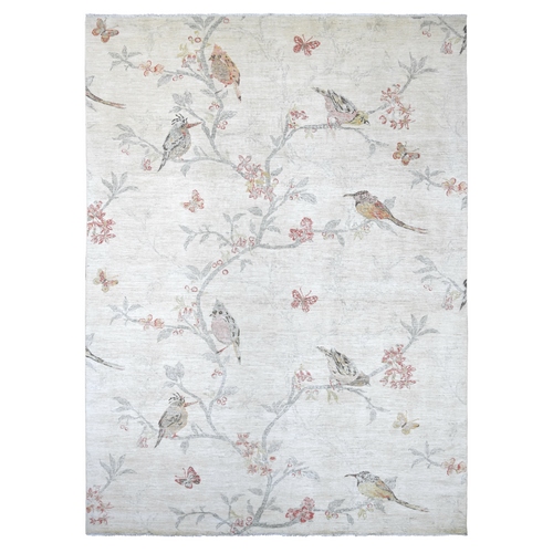 Alabaster White, Finely Hand Knotted, Sparrows on the Tree, Peshawar, High Mountain Wool, Soft to the Touch, Oriental 
