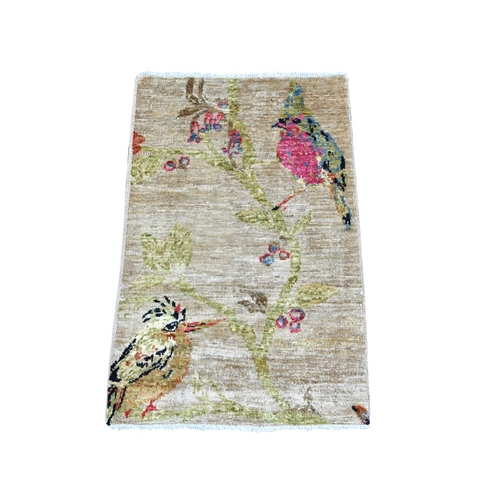 Beige, Sparrows on the Tree, Peshawar, High Mountain Wool, Finely Hand Knotted, Soft to the Touch, Mat, Sample, Oriental 