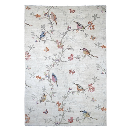 Alabaster White, Sparrows on the Tree, Peshawar, High Mountain Wool, Finely Hand Knotted, Soft to the Touch, Oriental 