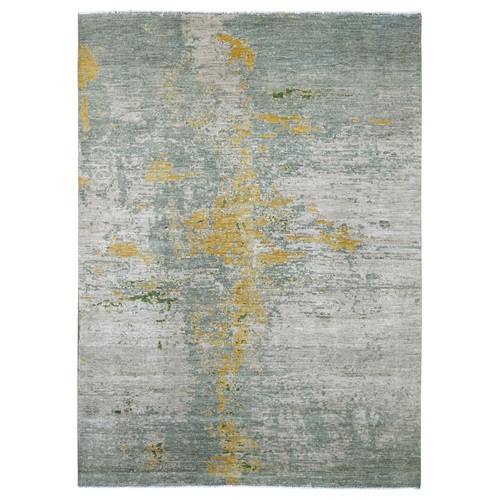 Green with Gold, Modern Abstract Design, Hand Knotted, Pure Afghan Wool, Oriental 