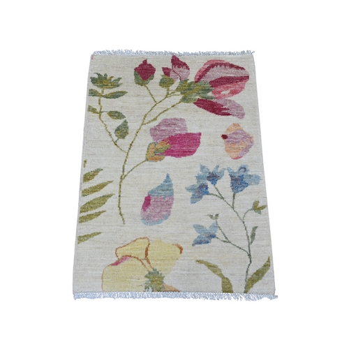 Chiffon White, Peshawar with Colorful Botanical Garden Design, 100% Wool, Hand Knotted, Mat, Sample, Oriental 