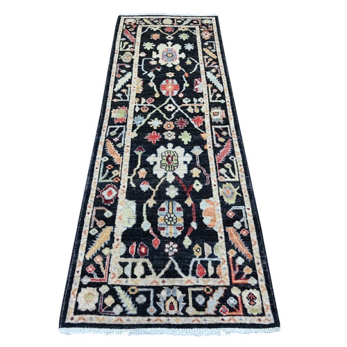 Charcoal Black, Afghan Angora Oushak with Colorful Leaf Design, Hand Knotted, 100% Wool, Vegetable Dyes, Runner, Oriental 