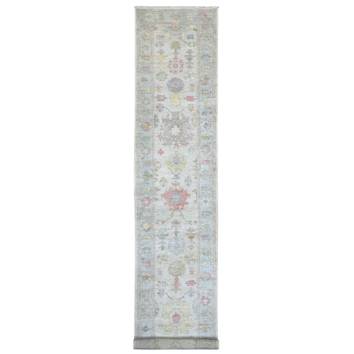 Light Gray, Hand Knotted, Afghan Angora Oushak with All Over Leaf Design, 100% Wool, Vegetable Dyes, XL Runner, Oriental 