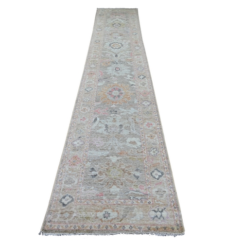 Faded Brown, Afghan Angora Oushak with All Over Leaf Design, Hand Knotted, 100% Wool, Vegetable Dyes, XL Runner, Oriental 