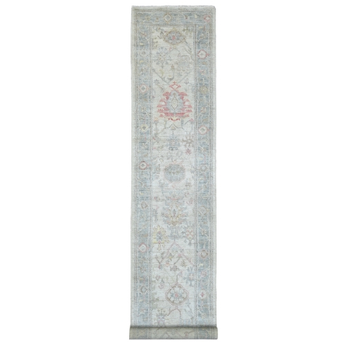 Oyster White, Hand Knotted, Afghan Angora Oushak with All Over Leaf Design, 100% Wool, Vegetable Dyes, XL Runner, Oriental 