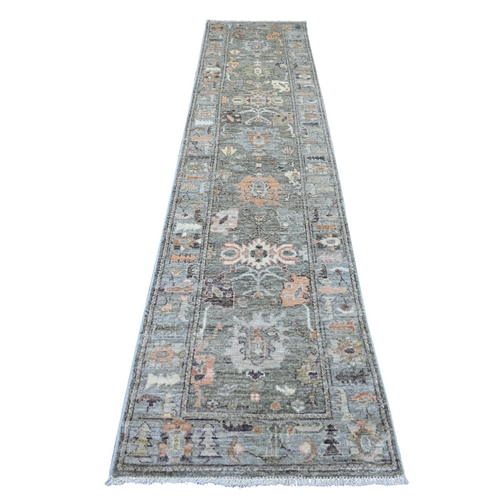Greenish Gray, Afghan Angora Oushak with All Over Leaf Design, Hand Knotted, 100% Wool, Vegetable Dyes, Oriental 