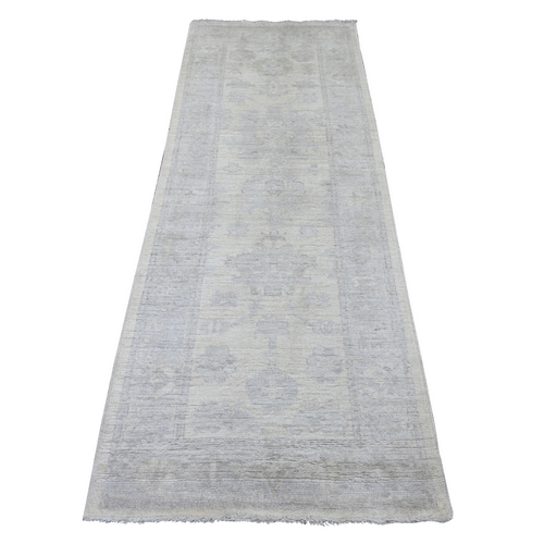 Smoke White, Afghan Angora Oushak with All Over Leaf Design, Hand Knotted, 100% Wool, Vegetable Dyes, Runner, Oriental 