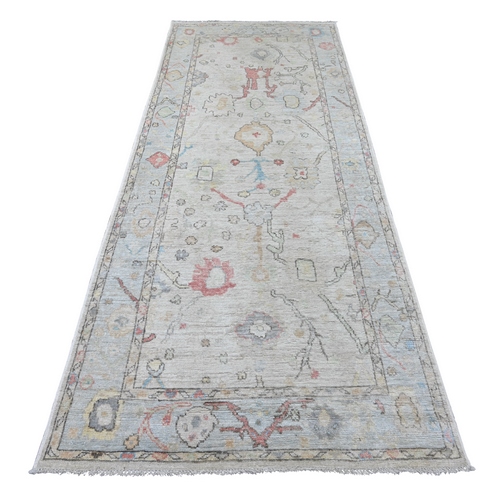 Light Gray, Afghan Angora Oushak with All Over Leaf Design, Hand Knotted, 100% Wool, Vegetable Dyes, Wide Runner, Oriental 