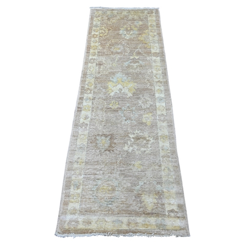 Light Brown, Afghan Angora Oushak with All Over Leaf Design, Hand Knotted, 100% Wool, Vegetable Dyes, Narrow Runner, Oriental 