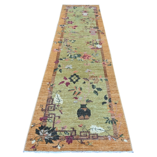Swamp Green, Chinese Art Deco Inspired Peshawar, Hand Knotted, Soft and Velvety Wool, Vegetable Dyes, Runner, Oriental 