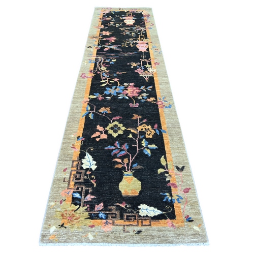 Charcoal Black, Chinese Art Deco Inspired Peshawar, Natural Dyes, Hand Knotted, Soft and Velvety Wool, Runner, Oriental 