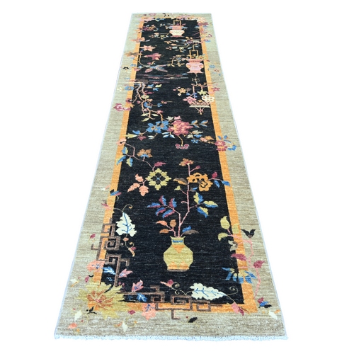 Charcoal Black, Hand Knotted, Chinese Art Deco Inspired Peshawar, Natural Dyes, Soft and Velvety Wool, Runner, Oriental 