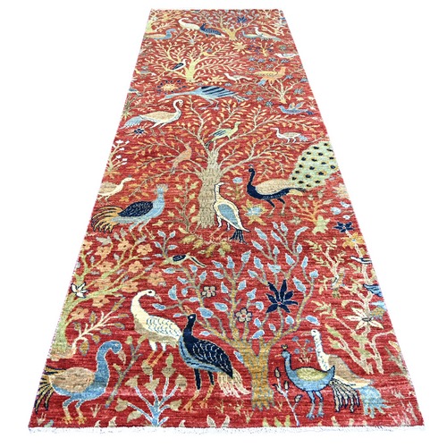 Crimson Red, Afghan Peshawar with Birds of Paradise Design, Hand Knotted, Soft and Shiny Wool, Vegetable Dyes, Wide Runner, Oriental 