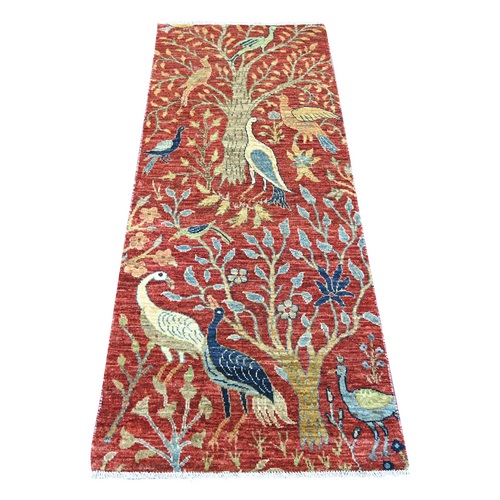 Crimson Red, Hand Knotted, Afghan Peshawar with Birds of Paradise Design, Soft and Shiny Wool, Vegetable Dyes, Runner, Oriental 