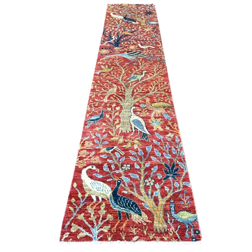 Crimson Red, Hand Knotted, Afghan Peshawar with Birds of Paradise Design, Soft and Shiny Wool, Vegetable Dyes, Runner, Oriental 