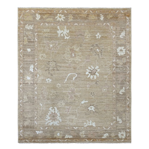 Almond Brown, Afghan Angora Oushak with All Over Leaf Design, Hand Knotted, 100% Wool, Vegetable Dyes, Oriental 