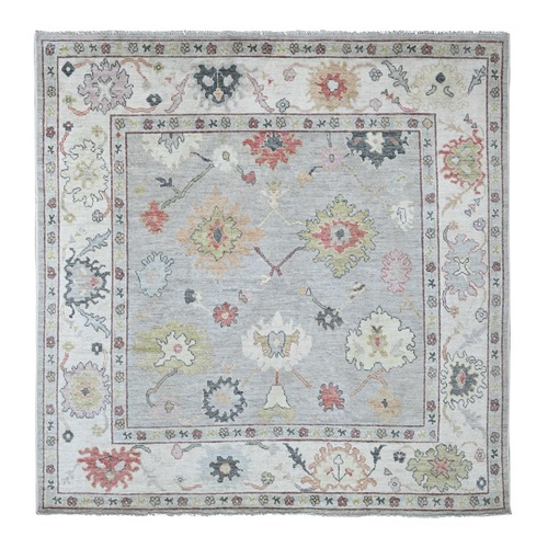 Misty Gray, Hand Knotted, Afghan Angora Oushak with All Over Leaf Design, 100% Wool, Vegetable Dyes, Square, Oriental 