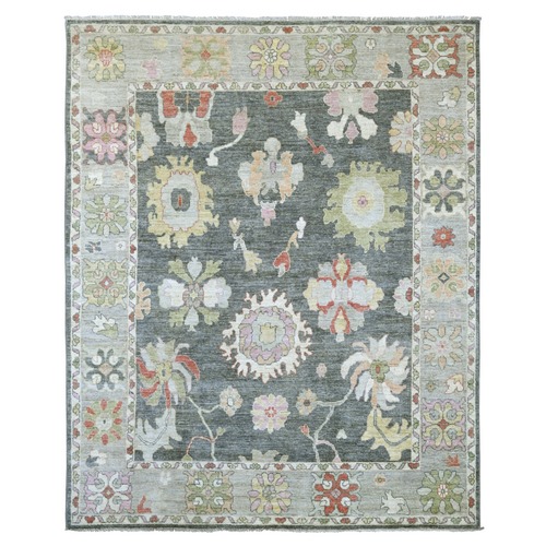 Charcoal Gray, Afghan Angora Oushak with All Over Leaf Design, Hand Knotted, 100% Wool, Vegetable Dyes, Oriental 
