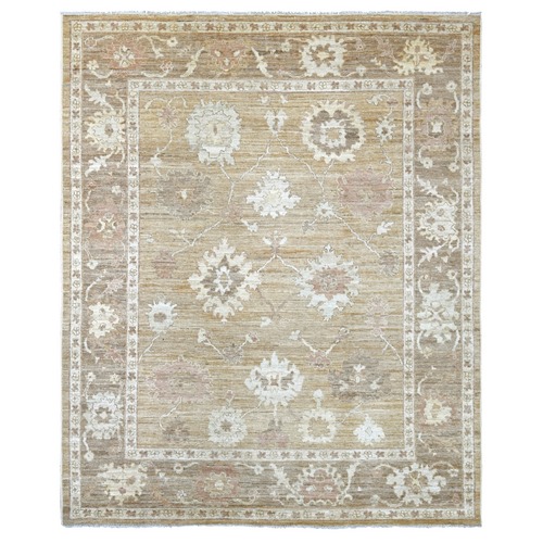 Camel Brown, Afghan Angora Oushak with All Over Leaf Design, Hand Knotted, 100% Wool, Vegetable Dyes, Oriental 