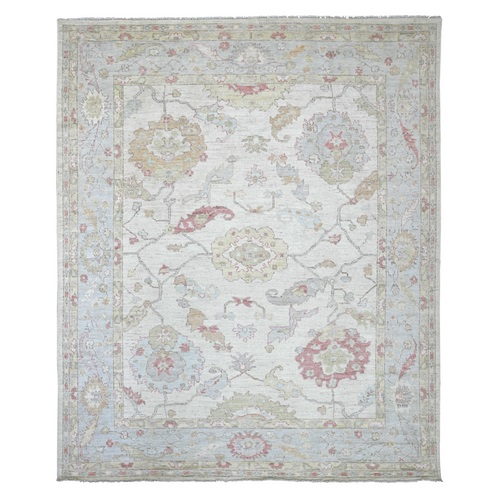 Pearl White, Afghan Angora Oushak with All Over Leaf Design, Hand Knotted, 100% Wool, Vegetable Dyes, Oriental 