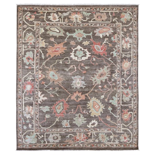 Carob Brown, Afghan Angora Oushak with Colorful Leaf Design, Hand Knotted, 100% Wool, Vegetable Dyes, Oriental 
