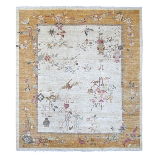 Daisy White, Chinese Art Deco Inspired Peshawar, Vegetable Dyes, Hand Knotted, Soft and Shiny Wool, Oriental 