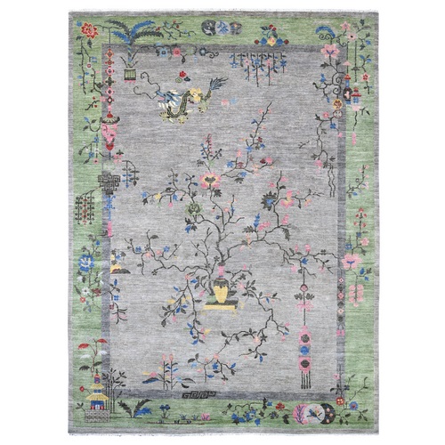 Misty Gray, Chinese Art Deco Inspired Peshawar, Natural Dyes, Soft Wool, Hand Knotted, Oriental 