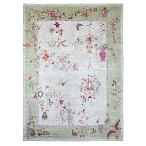Misty Gray, Hand Knotted, Chinese Art Deco Inspired Peshawar, Vegetable Dyes, Soft and Shiny Wool, Oriental 