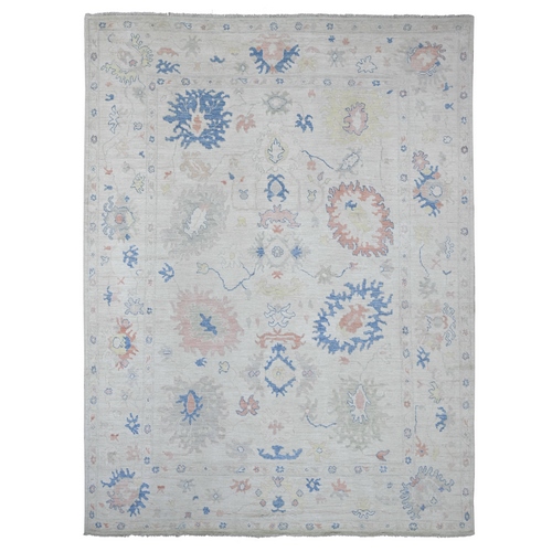 Light Gray, Afghan Angora Oushak with Colorful Leaf Design, Hand Knotted, 100% Wool, Vegetable Dyes, Oriental 