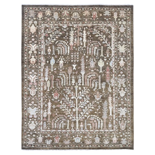 Mocha Brown, Afghan Angora Oushak with Willow and Cypress Tree Design, Hand Knotted, 100% Wool, Vegetable Dyes, Oriental 