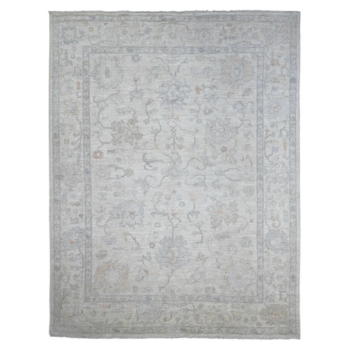 Daisy White, Afghan Angora Oushak with All Over Leaf Design, Hand Knotted, 100% Wool, Natural Dyes, Oriental 