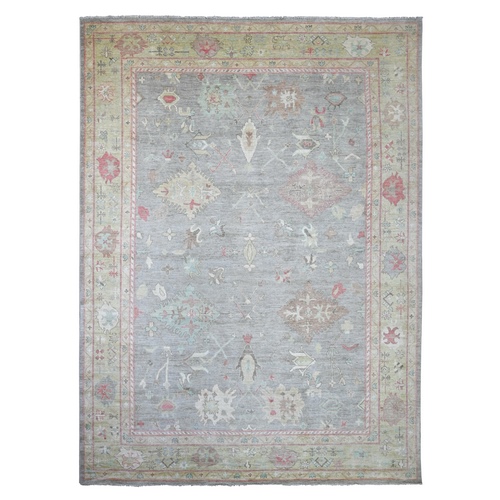 Misty Gray, Afghan Angora Oushak with Geometric Leaf Design, Hand Knotted, 100% Wool, Vegetable Dyes, Oriental 