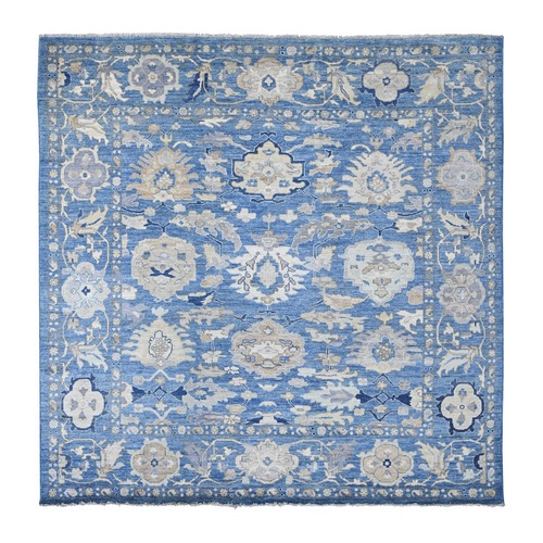 Bayern Blue, Afghan Angora Oushak with All Over Leaf Design, Hand Knotted, 100% Wool, Vegetable Dyes, Square, Oriental 