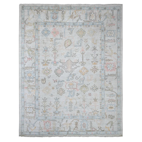Light Gray, Afghan Angora Oushak with All Over Leaf Design, Hand Knotted, 100% Wool, Vegetable Dyes, Oriental 