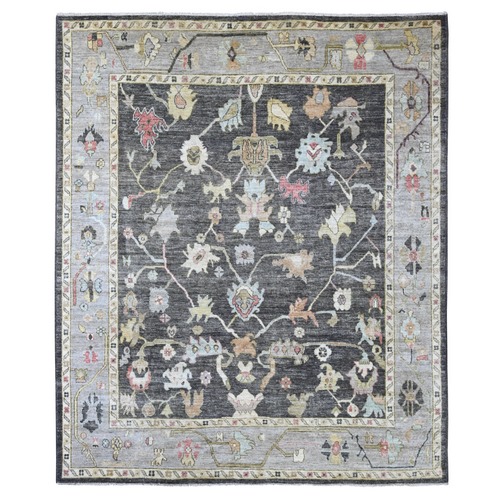 Charcoal Gray, Afghan Angora Oushak with All Over Leaf Design, Hand Knotted, 100% Wool, Vegetable Dyes, Oriental 