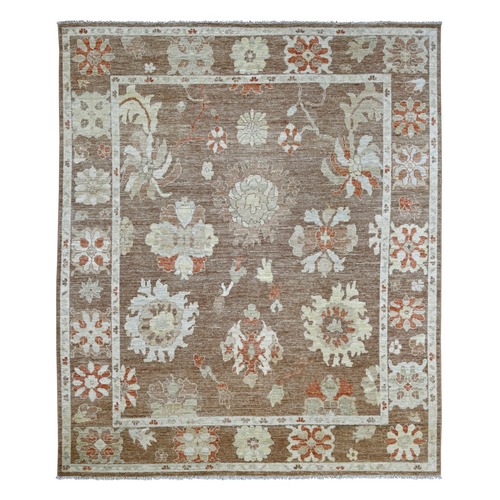 Cedar Brown, Hand Knotted, Afghan Angora Oushak with All Over Leaf Design, 100% Wool, Vegetable Dyes, Oriental 