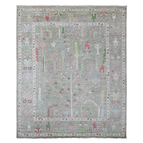 Sage Green, Afghan Angora Oushak with Cypress and Willow Tree Design, Hand Knotted, 100% Wool, Vegetable Dyes, Oriental 