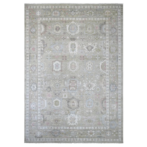 Laurel Green, Afghan Angora Oushak with All Over Leaf Design, Hand Knotted, 100% Wool, Vegetable Dyes, Oriental 
