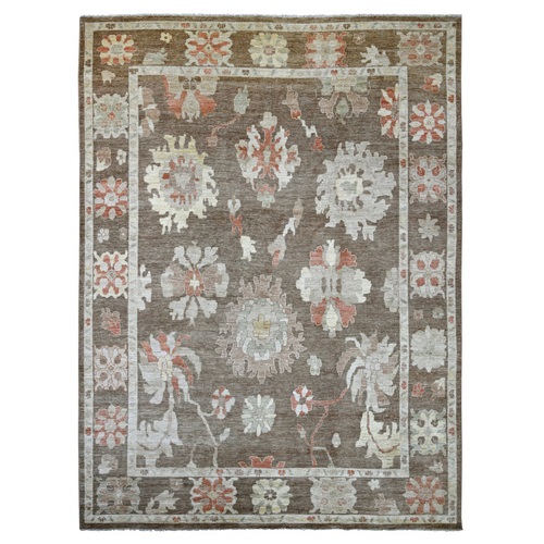 Cedar Brown, Afghan Angora Oushak with Large Leaf Design, 100% Wool, Hand Knotted, Vegetable Dyes, Oriental 
