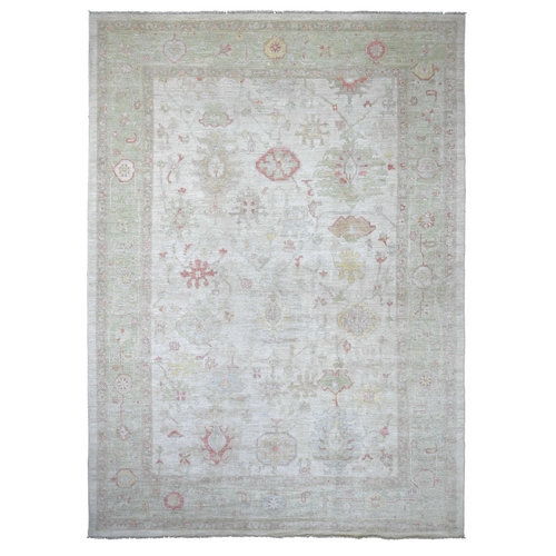 Light Gray, Hand Knotted, Afghan Angora Oushak with All Over Leaf Design, 100% Wool, Vegetable Dyes, Oriental 