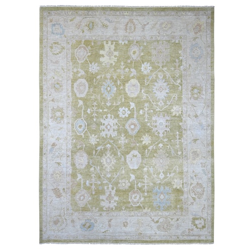 Olive Green, Hand Knotted, Afghan Angora Oushak with All Over Leaf Design, 100% Wool, Vegetable Dyes, Oriental 