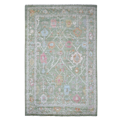 Cedar Green, Hand Knotted, Afghan Angora Oushak with All Over Leaf Design, 100% Wool, Vegetable Dyes, Oriental 