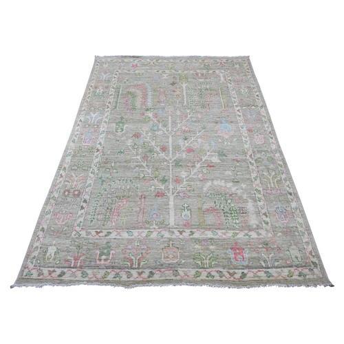 Sage Green, Hand Knotted, Afghan Angora Oushak with Willow and Cypress Tree Design, 100% Wool, Vegetable Dyes, Oriental 