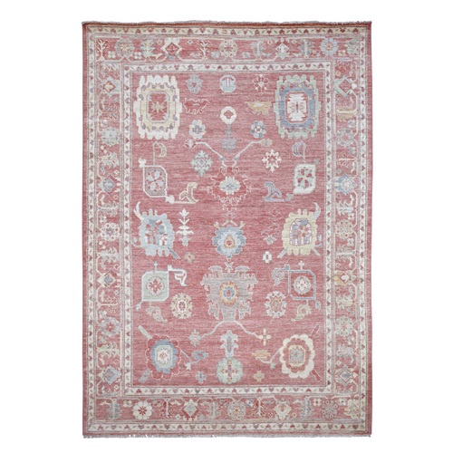 Rose Pink, Hand Knotted, Afghan Angora Oushak with All Over Leaf Design, 100% Wool, Vegetable Dyes, Oriental 