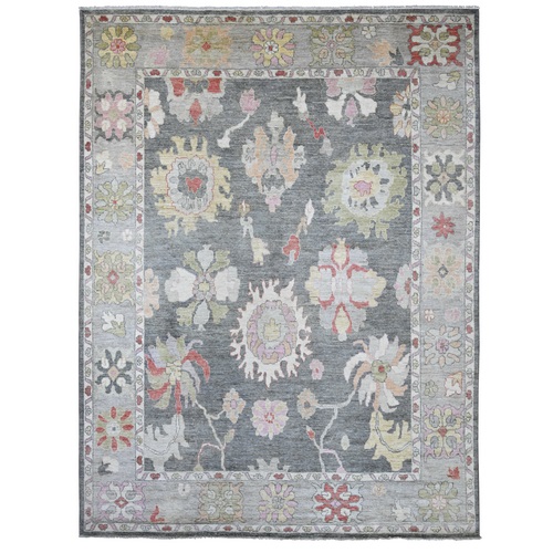 Charcoal Gray, Hand Knotted, Afghan Angora Oushak with Large Leaf Design, 100% Wool, Vegetable Dyes, Oriental 