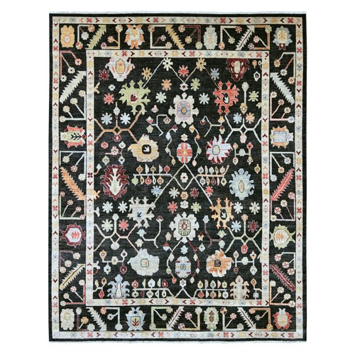 Charcoal Black, Hand Knotted, Afghan Angora Oushak with Colorful Leaf Design, 100% Wool, Vegetable Dyes, Oriental 