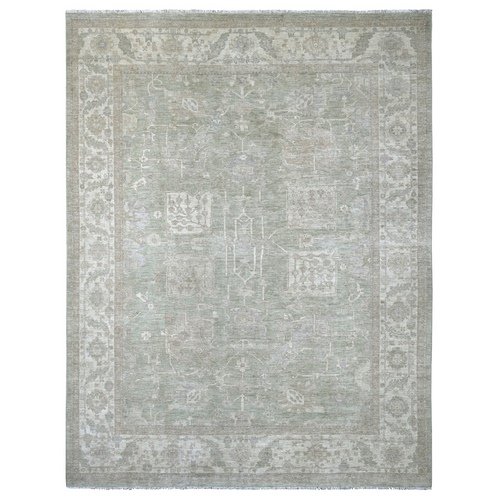 Sage Green, Washed Out Peshawar with All Over Design, Hand Knotted, High Mountain Wool, Densely Woven, Oriental 