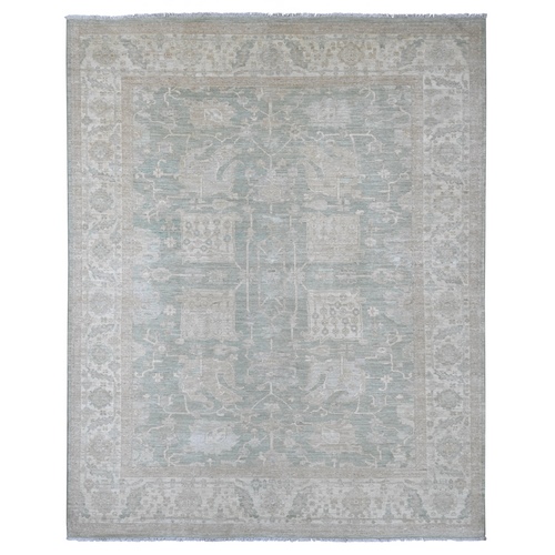 Sage Green, Washed Out Peshawar with All Over Design, Hand Knotted, High Mountain Wool, Densely Woven, Oriental 
